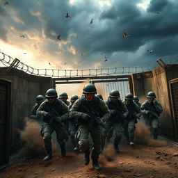 An intense scene depicting soldiers breaking out of a fight arena