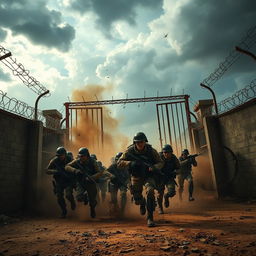 An intense scene depicting soldiers breaking out of a fight arena