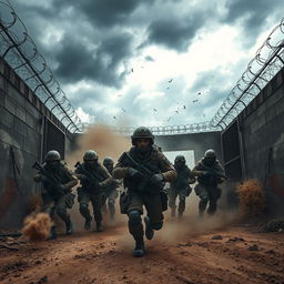 An intense scene depicting soldiers breaking out of a fight arena