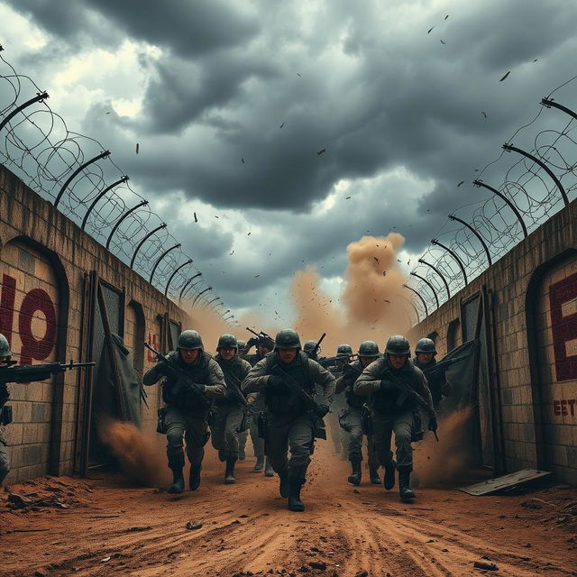 An intense scene depicting soldiers breaking out of a fight arena