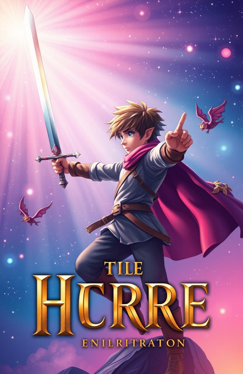 Una portada juvenil y vibrante que transporta al mundo de la fantasía, con un fondo etéreo lleno de colores brillantes como el azul, púrpura y rosa, creando un cielo estrellado