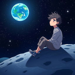 An anime-style illustration depicting a guy sitting on the surface of the moon, gazing thoughtfully at Earth in the distance
