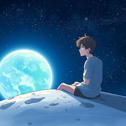 An anime-style illustration depicting a guy sitting on the surface of the moon, gazing thoughtfully at Earth in the distance