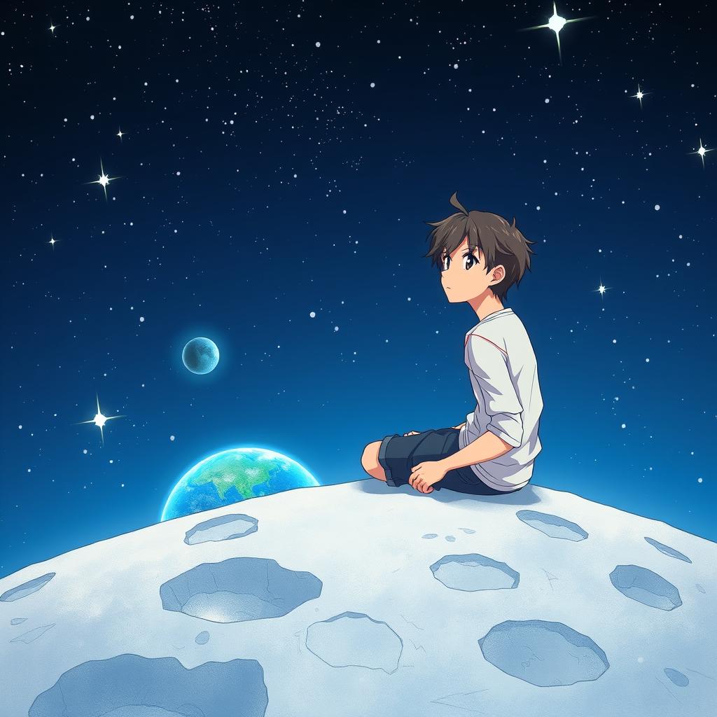 An anime-style illustration depicting a guy sitting on the surface of the moon, gazing thoughtfully at Earth in the distance