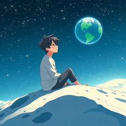 An anime-style illustration depicting a guy sitting on the surface of the moon, gazing thoughtfully at Earth in the distance