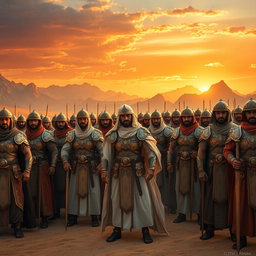 An epic medieval Arabian army, clad in intricately designed armor and flowing robes, standing in formation and looking directly into the camera with fierce determination