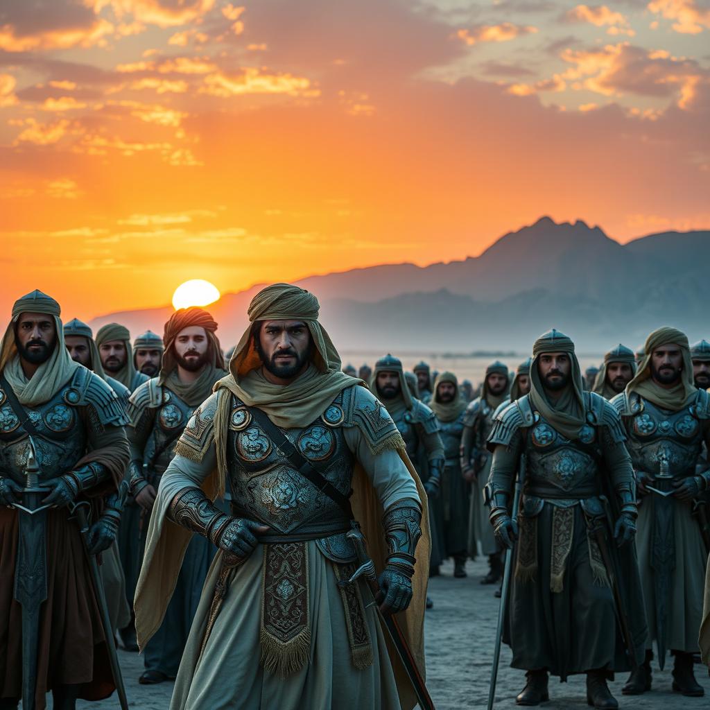An epic medieval Arabian army, clad in intricately designed armor and flowing robes, standing in formation and looking directly into the camera with fierce determination