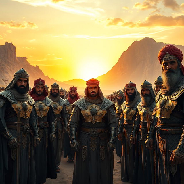 An epic medieval Arabian army, clad in intricately designed armor and flowing robes, standing in formation and looking directly into the camera with fierce determination