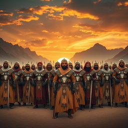 An epic medieval Arabian army, clad in intricately designed armor and flowing robes, standing in formation and looking directly into the camera with fierce determination