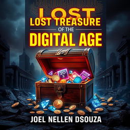 A striking book cover for 'Lost Treasures of the Digital Age' by Joel Nelson Dsouza, featuring a vibrant blend of digital and vintage elements