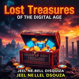 A striking book cover for 'Lost Treasures of the Digital Age' by Joel Nelson Dsouza, featuring a vibrant blend of digital and vintage elements
