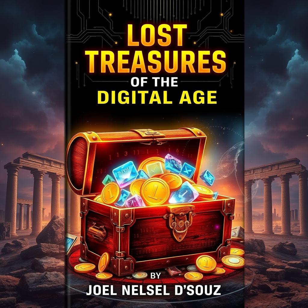 A striking book cover for 'Lost Treasures of the Digital Age' by Joel Nelson Dsouza, featuring a vibrant blend of digital and vintage elements