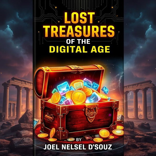 A striking book cover for 'Lost Treasures of the Digital Age' by Joel Nelson Dsouza, featuring a vibrant blend of digital and vintage elements