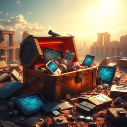 A visually stunning representation of the concept "Lost Treasures of the Digital Age", featuring a blend of ancient artifacts intertwined with modern digital devices like smartphones, laptops, and tablets