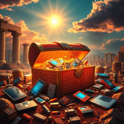 A visually stunning representation of the concept "Lost Treasures of the Digital Age", featuring a blend of ancient artifacts intertwined with modern digital devices like smartphones, laptops, and tablets