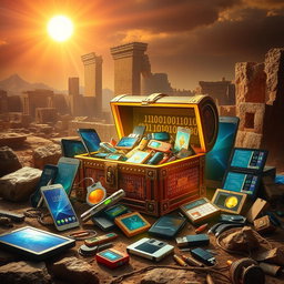 A visually stunning representation of the concept "Lost Treasures of the Digital Age", featuring a blend of ancient artifacts intertwined with modern digital devices like smartphones, laptops, and tablets