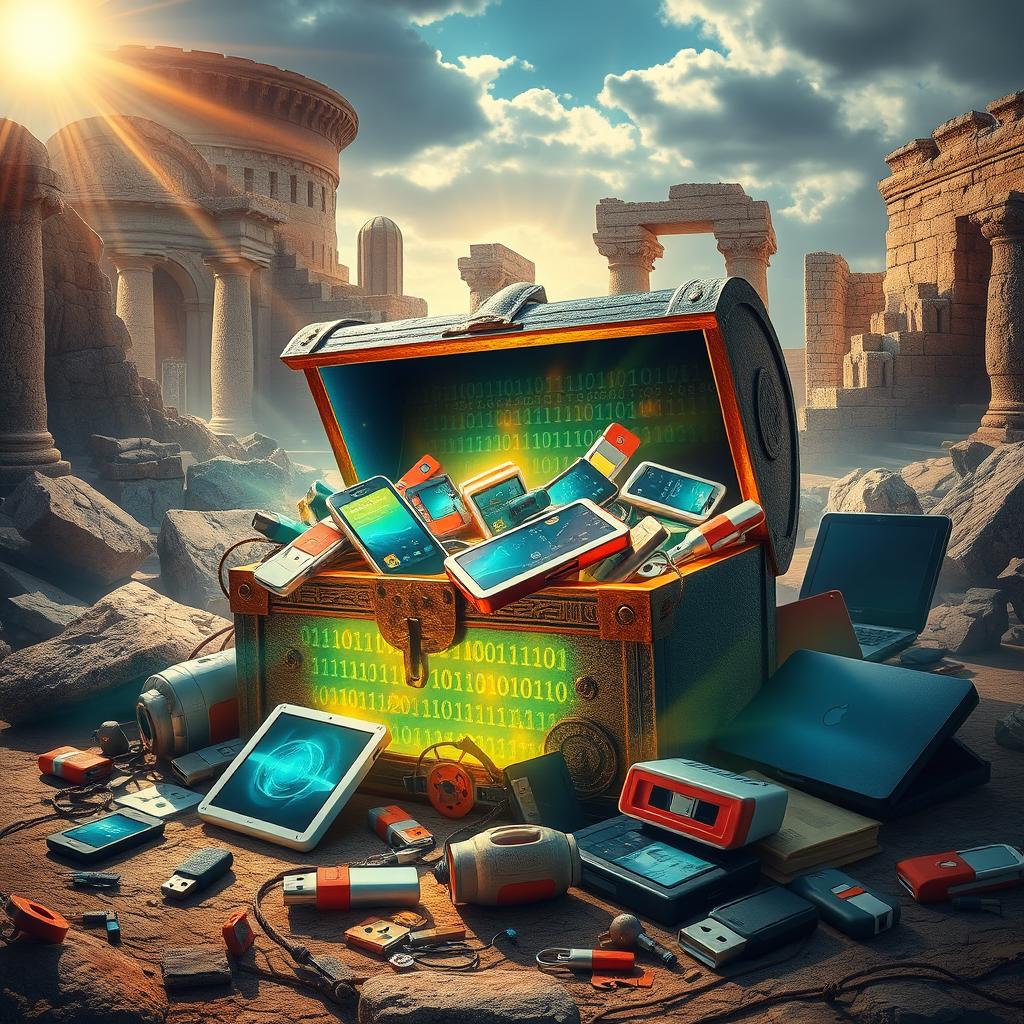 A visually stunning representation of the concept "Lost Treasures of the Digital Age", featuring a blend of ancient artifacts intertwined with modern digital devices like smartphones, laptops, and tablets