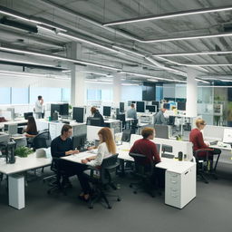 A bustling modern office space with employees engaged in various tasks. Computers, documents, and office equipment neatly arranged. An atmosphere of productivity and teamwork is evident.