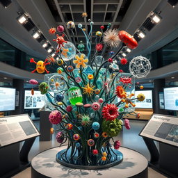 A beautifully designed sculpture representing microbiology, showcasing intricate details of various microorganisms, such as bacteria, viruses, and fungi