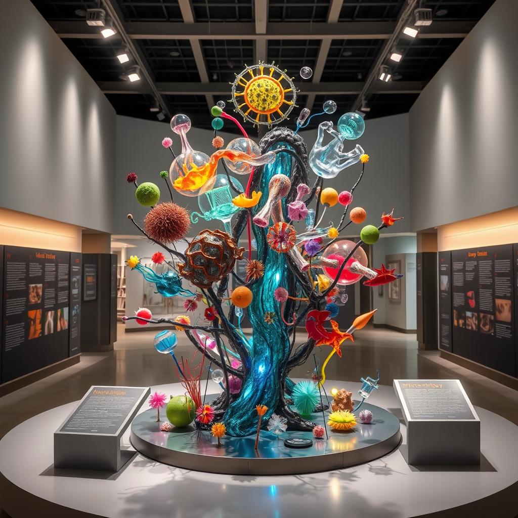 A beautifully designed sculpture representing microbiology, showcasing intricate details of various microorganisms, such as bacteria, viruses, and fungi