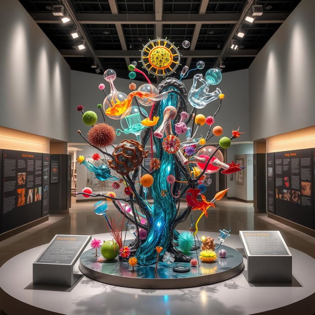 A beautifully designed sculpture representing microbiology, showcasing intricate details of various microorganisms, such as bacteria, viruses, and fungi