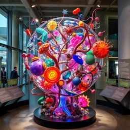 A beautifully designed sculpture representing microbiology, showcasing intricate details of various microorganisms, such as bacteria, viruses, and fungi