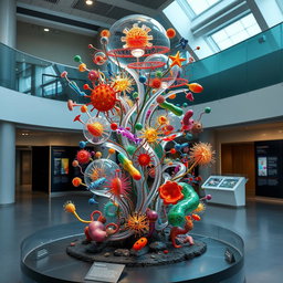 A beautifully designed sculpture representing microbiology, showcasing intricate details of various microorganisms, such as bacteria, viruses, and fungi