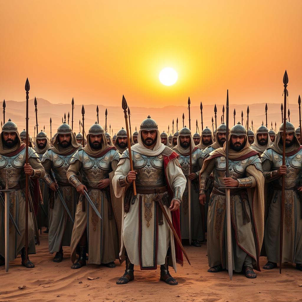 An epic medieval Arabian army, standing proudly and looking directly into the camera with fierce expressions