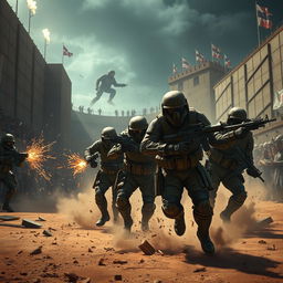 A dramatic scene depicting soldiers breaking out of a fight arena, showcasing intense action and determination
