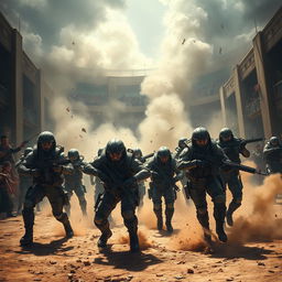 A dramatic scene depicting soldiers breaking out of a fight arena, showcasing intense action and determination