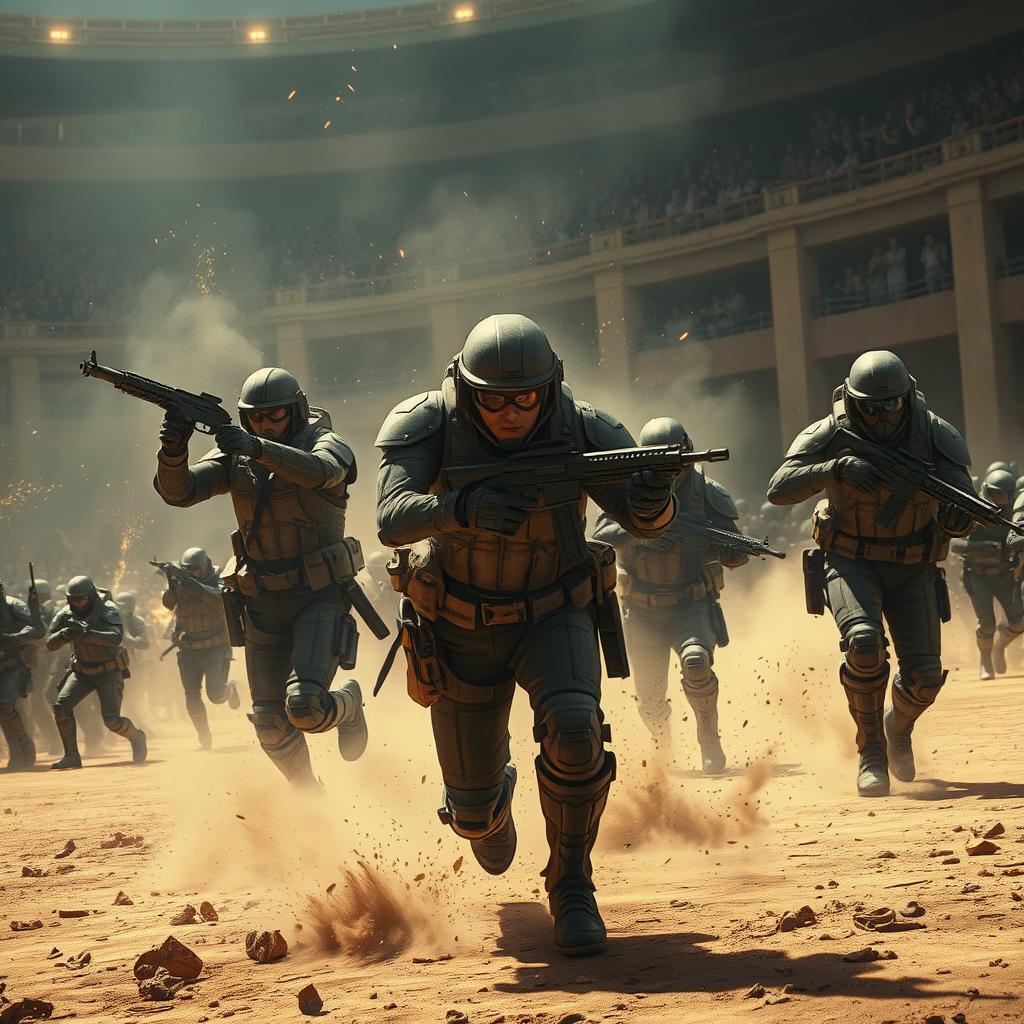 A dramatic scene depicting soldiers breaking out of a fight arena, showcasing intense action and determination