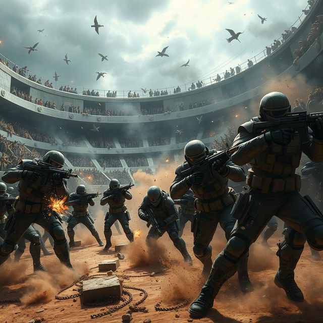 A dramatic scene depicting soldiers breaking out of a fight arena, showcasing intense action and determination