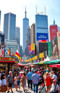 A bustling cityscape that encapsulates globalization, showcasing a vibrant mix of diverse cultures