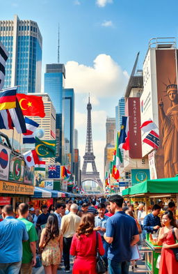 A bustling cityscape that encapsulates globalization, showcasing a vibrant mix of diverse cultures