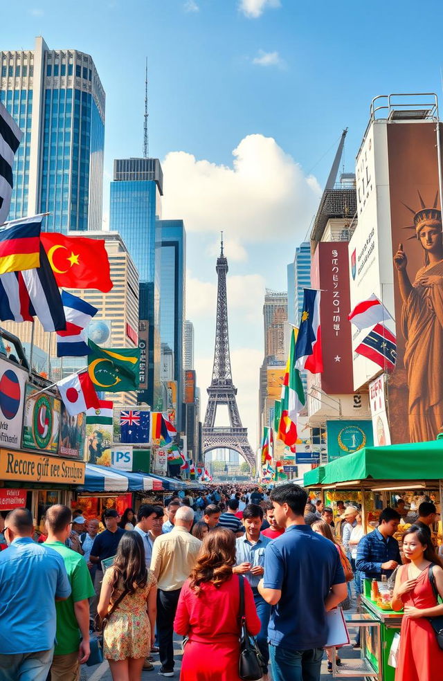 A bustling cityscape that encapsulates globalization, showcasing a vibrant mix of diverse cultures