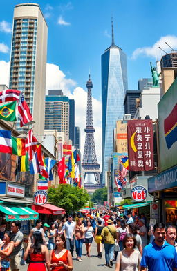 A bustling cityscape that encapsulates globalization, showcasing a vibrant mix of diverse cultures