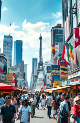 A bustling cityscape that encapsulates globalization, showcasing a vibrant mix of diverse cultures