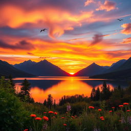 A stunning landscape that features a vibrant sunset over a serene lake, surrounded by majestic mountains
