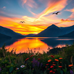 A stunning landscape that features a vibrant sunset over a serene lake, surrounded by majestic mountains