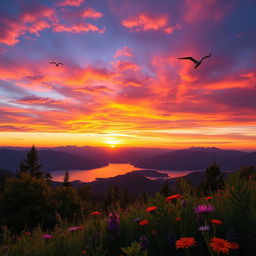 A stunning landscape that features a vibrant sunset over a serene lake, surrounded by majestic mountains