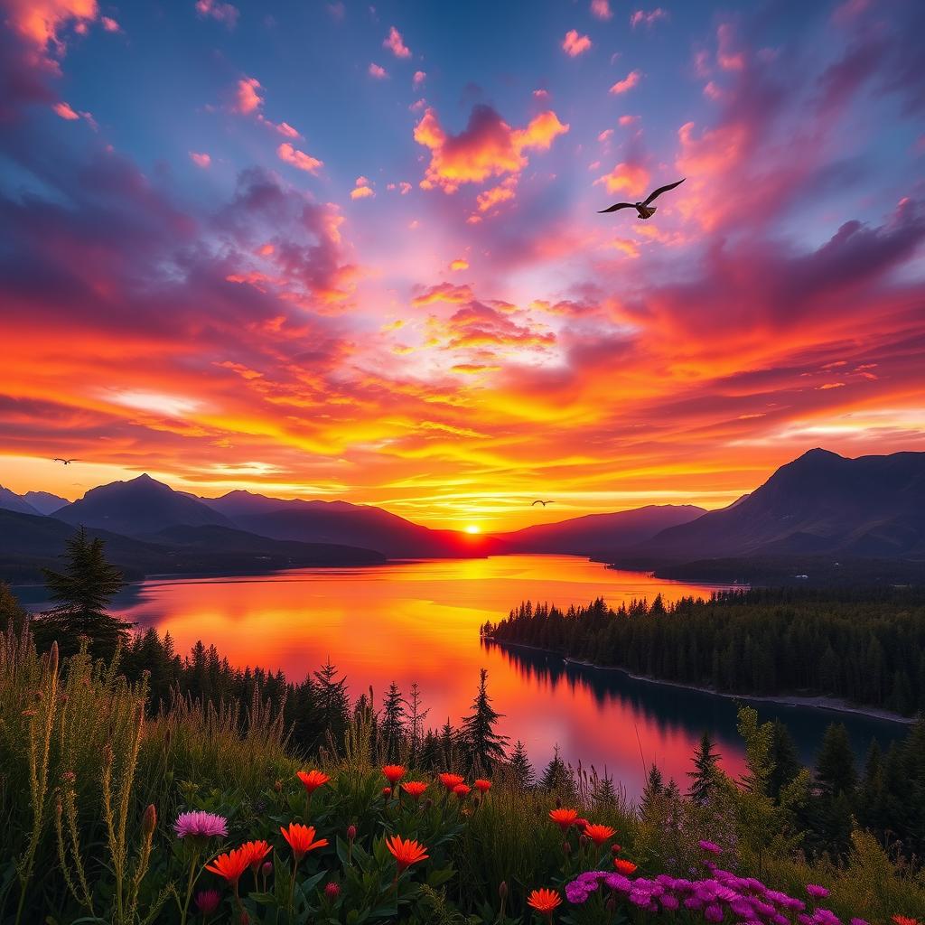 A stunning landscape that features a vibrant sunset over a serene lake, surrounded by majestic mountains