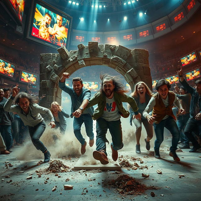 A dramatic scene depicting an intense breakout from an arena, with chaotic action unfolding