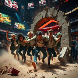 A dramatic scene depicting an intense breakout from an arena, with chaotic action unfolding