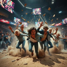 A dramatic scene depicting an intense breakout from an arena, with chaotic action unfolding