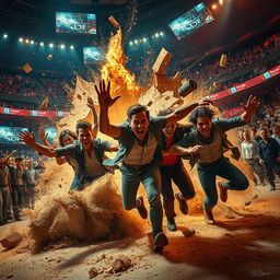 A dramatic scene depicting an intense breakout from an arena, with chaotic action unfolding
