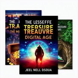 Three distinct book covers for an adventure and mystery novel titled 'The Lost Treasure of the Digital Age' by Joel Nelson Dsouza, featuring a modern digital landscape with treasure maps and symbols of technology, such as cryptographic codes and binary sequences