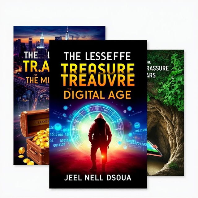 Three distinct book covers for an adventure and mystery novel titled 'The Lost Treasure of the Digital Age' by Joel Nelson Dsouza, featuring a modern digital landscape with treasure maps and symbols of technology, such as cryptographic codes and binary sequences