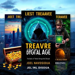 Three distinct book covers for an adventure and mystery novel titled 'The Lost Treasure of the Digital Age' by Joel Nelson Dsouza, featuring a modern digital landscape with treasure maps and symbols of technology, such as cryptographic codes and binary sequences