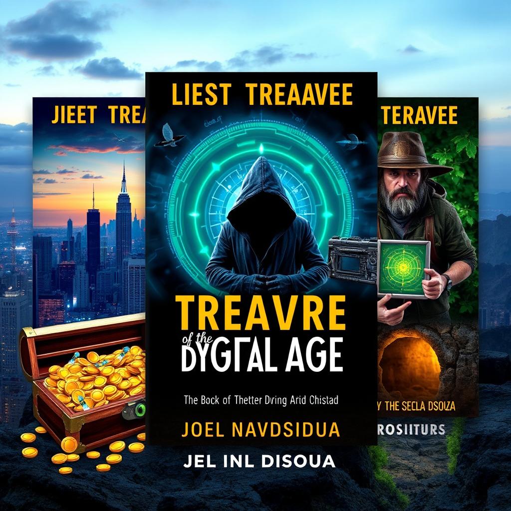 Three distinct book covers for an adventure and mystery novel titled 'The Lost Treasure of the Digital Age' by Joel Nelson Dsouza, featuring a modern digital landscape with treasure maps and symbols of technology, such as cryptographic codes and binary sequences