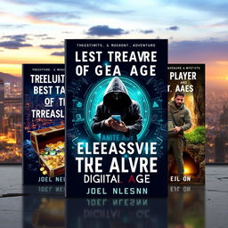 Three distinct book covers for an adventure and mystery novel titled 'The Lost Treasure of the Digital Age' by Joel Nelson Dsouza, featuring a modern digital landscape with treasure maps and symbols of technology, such as cryptographic codes and binary sequences